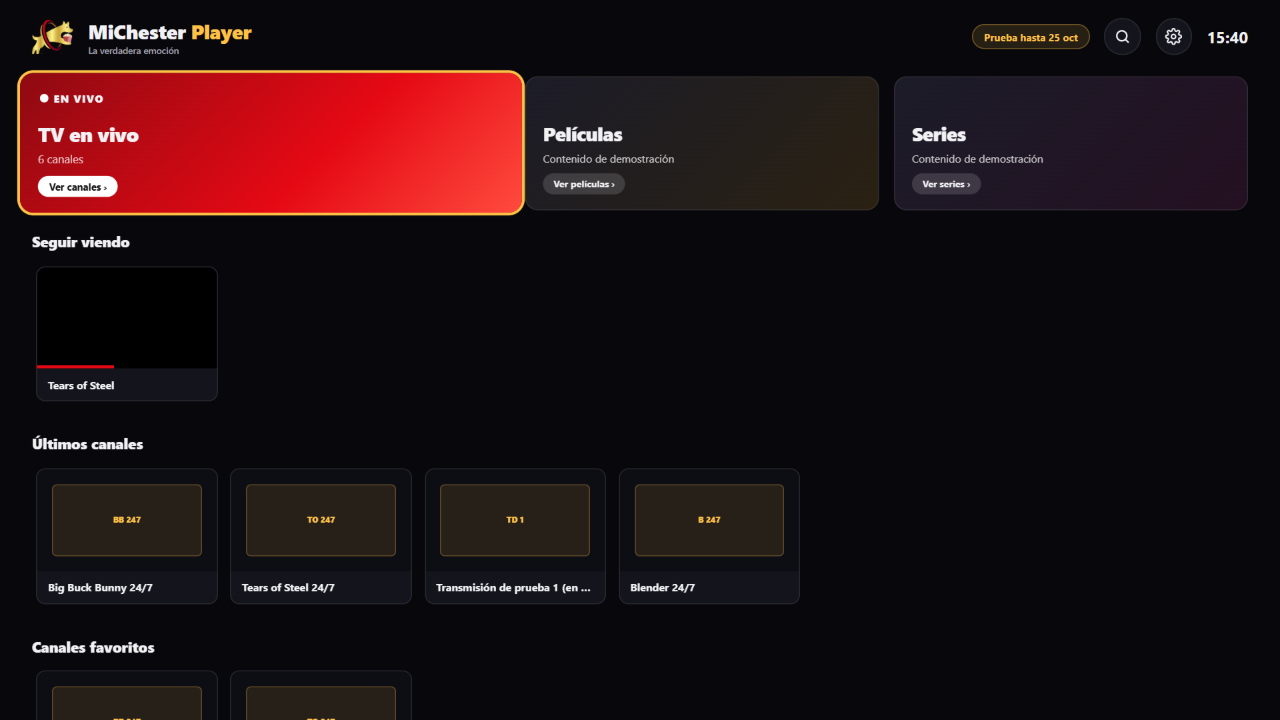 Pantalla de inicio de MiChester Player